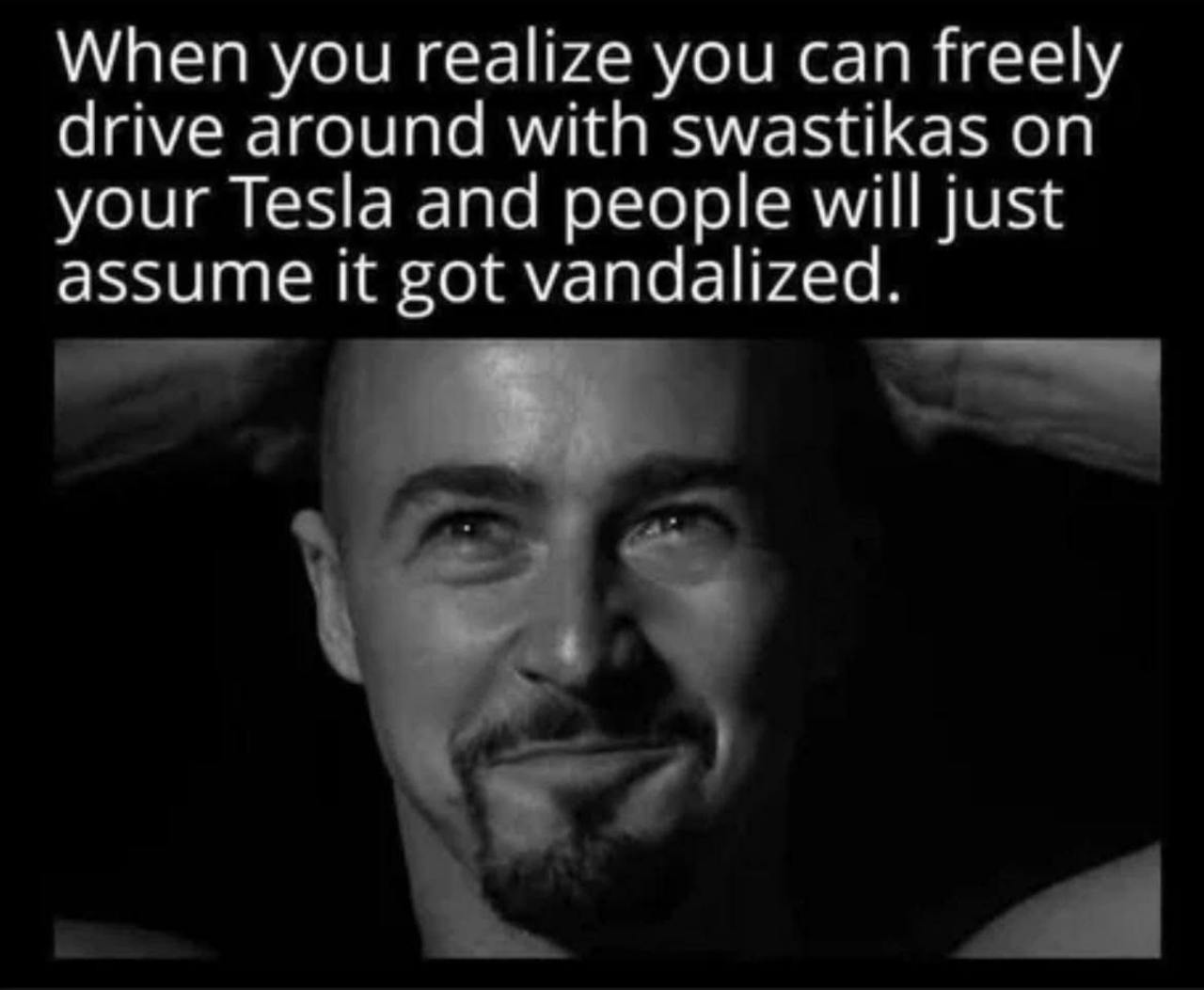 When you realize you can freely drive around with swastikas on your Tesla and people will just assume it got vandalized.