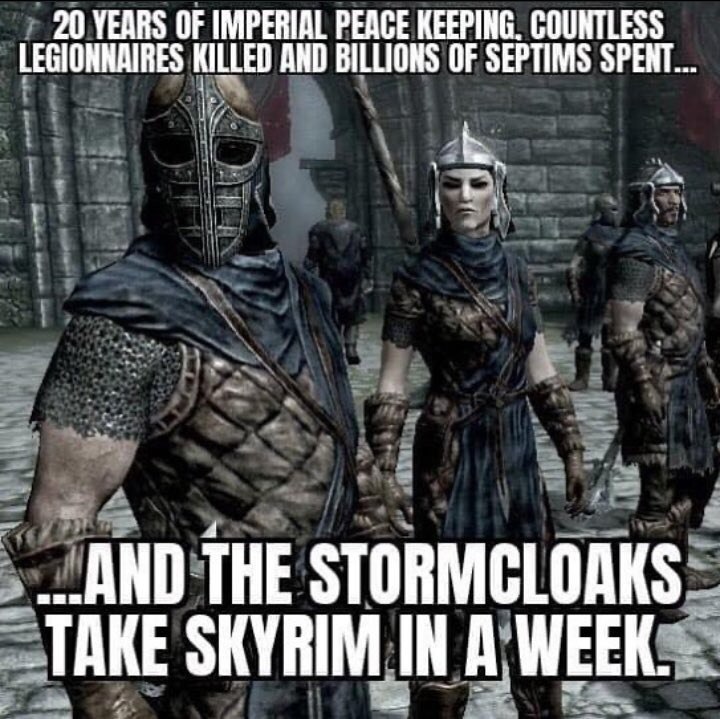20 YEARS OF IMPERIAL PEACE KEEPING. COUNTLESS LEGIONNAIRES KILLED AND BILLIONS OF SEPTIMS SPENT... „.АМО THE STORMCLOAKS TAKE SKYRIM IN A WEEK.