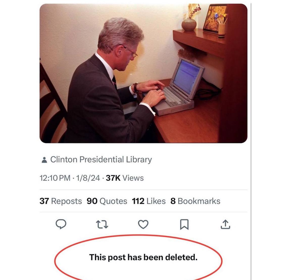 Clinton Presidential Library 12:10 1/8/24 Views 37 Reposts 90 Quotes 112 Likes 8 Bookmarks This post has been deleted.