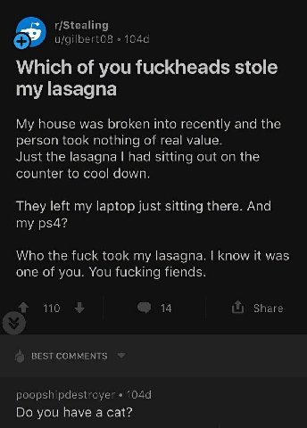 r/Stealing Which of you fuckheads stole my lasagna My house was broken into recently and the person took nothing of real value. Just the lasagna had sitting out on the counter to cool down. They left 