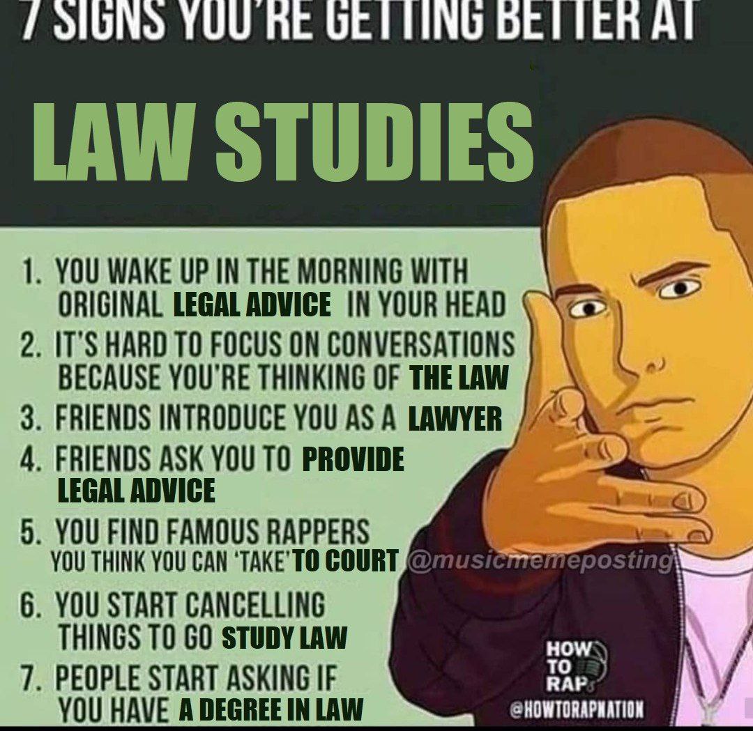 YUU LAW STUDIES 1. YOU WAKE UP IN THE MORNING WITH ORIGINAL LEGAL ADWICE IN YOUR HEAD 2. IT’S HARD TO FOCUS ON CONVERSATIONS BECAUSE YOU'RE THINKING OF THE LAW 3. FRIENDS INTRODUCE YOU AS A LAWYER 4. 
