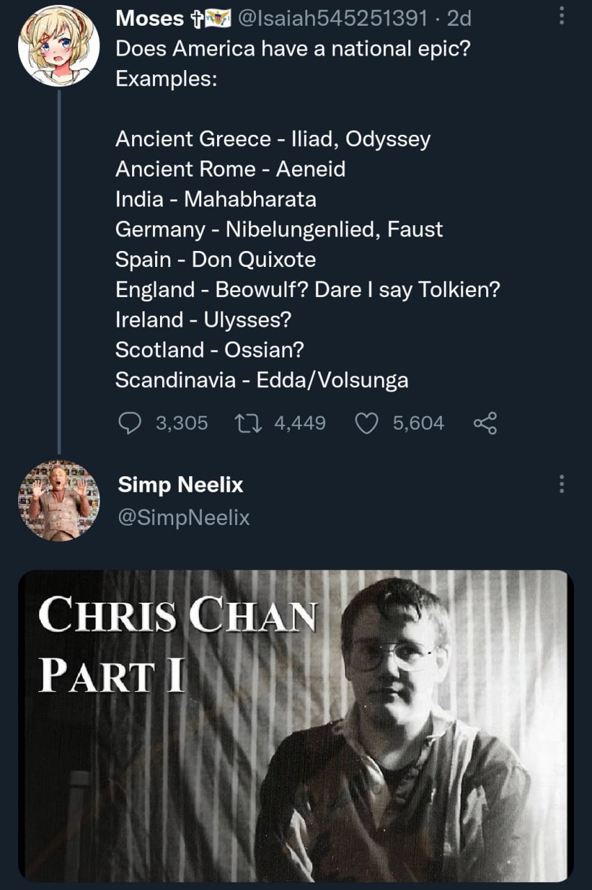 Moses Does America have a national epic? Examples: Ancient Greece Iliad, Odyssey Ancient Rome Aeneid India Mahabharata Germany Nibelungenlied, Faust Spain Don Quixote England Beowulf? Dare say Tolkien