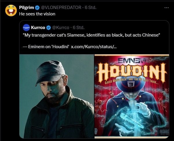 Pilgrim @VLONEPREDATOR 6 Std. He sees the vision Kurrco @Kurrco 6 Std. transgender cat's Siamese, identifies as black, but acts Chinese” Eminem on ‘Houdini’ x.com/Kurrco/status/... a |9 0 0 май