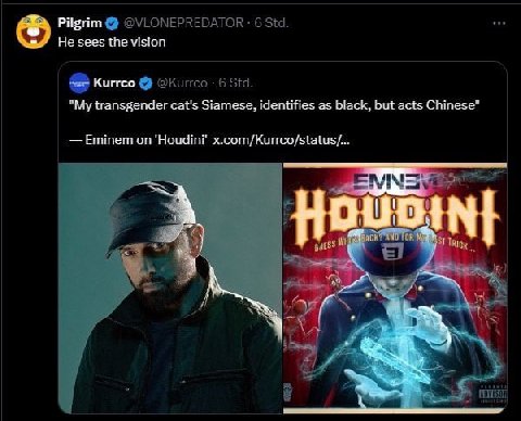 Pilgrim @VLONEPREDATOR 6 Std. He sees the vision Kurrco @Kurrco 6 Std. transgender cat's Siamese, identifies as black, but acts Chinese” Eminem on ‘Houdini’ x.com/Kurrco/status/... a |9 0 0 май