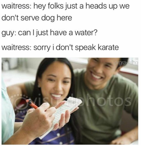 waitress: hey folks just a heads up we don't serve dog here guy: can just have a water? waitress: sorry i don't speak karate