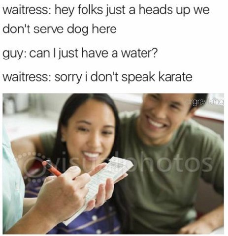 waitress: hey folks just a heads up we don't serve dog here guy: can just have a water? waitress: sorry i don't speak karate
