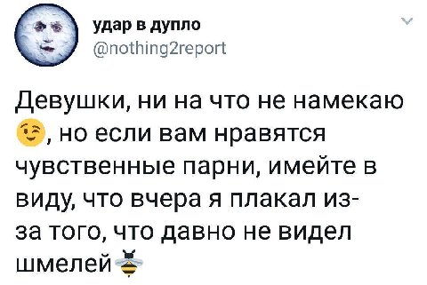 удар в дупло @nothing2report Девушки, ни что He намекаю Но если вам нравятся чувственные парни, имейте в виду, что вчера я плакал из- за того, что давно не видел шмелей-=