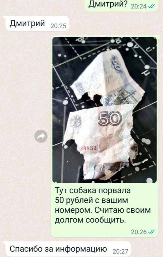 Дмитрий? 20:24 Дмитрий 20-2: 3333 Тут собака порвала 50 рублей с вашим номером. Считаю своим долгом сообщить. 20:26 Спасибо за информацию