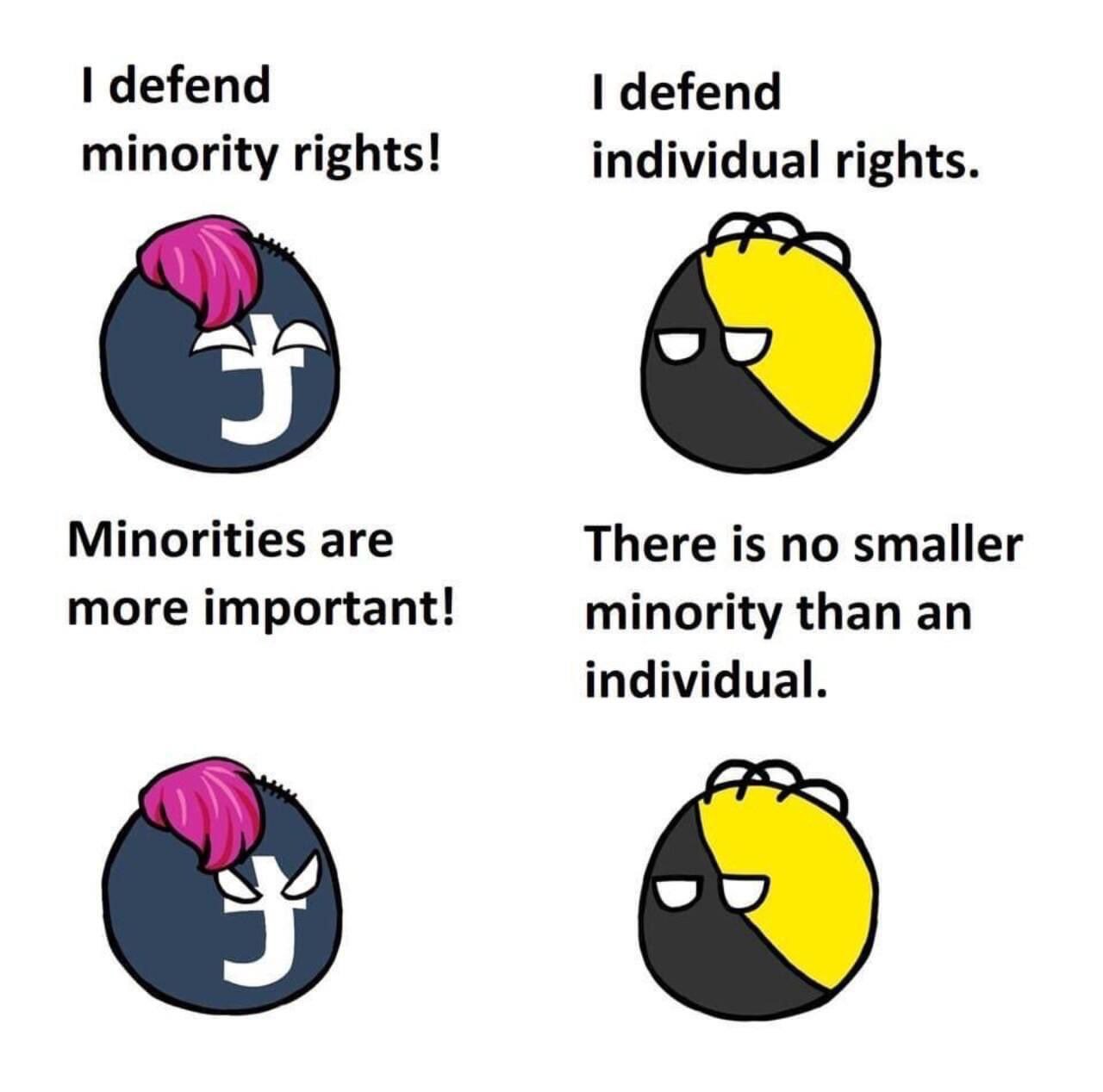 defend defend minority rights! individual rights. Minorities are There is no smaller more important! minority than an individual.