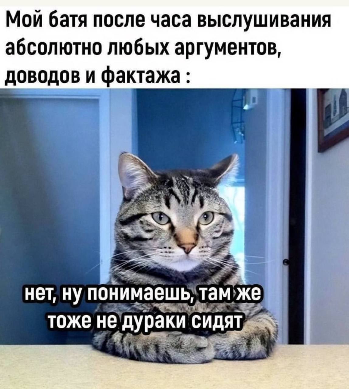 Мой батя после часа выслушивания абсолютно любых аргументов доводов и фактажа нет, ну понимаешь, ‘там же тоже не. дураки