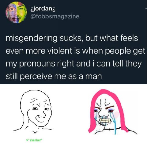4 éjordang @fobbsmagazine misgendering sucks, but what feels even more violent is when people get my pronouns right and i can tell they still perceive me as aman