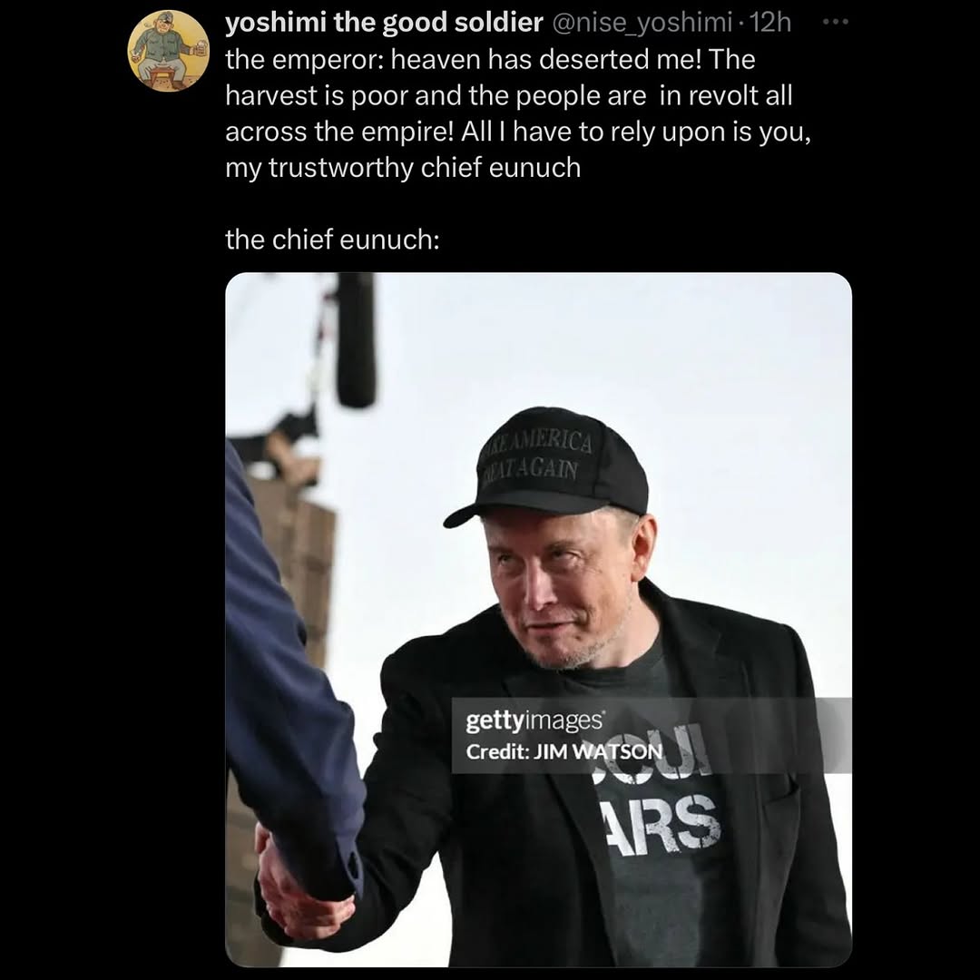 yoshimi the good soldier emperor: heaven has deserted me! The harvest is poor and the people are in revolt all across the empire! All] have to rely upon is you, my trustworthy chief eunuch the chief e