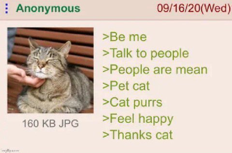 Anonymous 09/16/20(Wed) >Be me >Talk to people >People are mean >Pet cat >Cat purrs 160KBUPG happy >Thanks cat