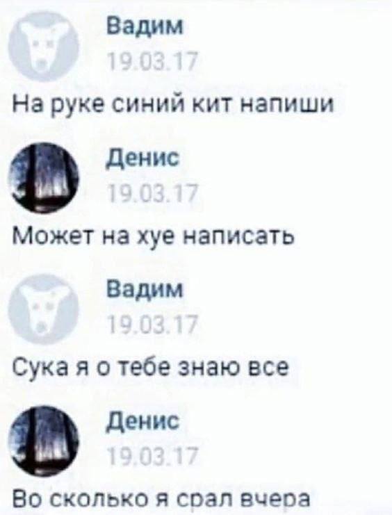 Вадим На руке синий кит напиши Денис Может на хуе написать Вадим Сука я о тебе знаю все Денис Во сколько я соал вчеоа