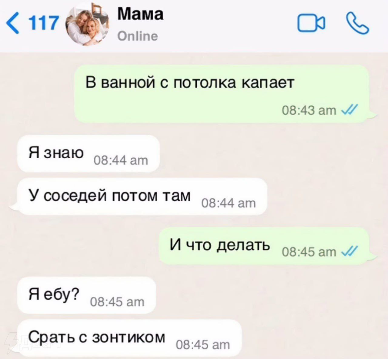 Мама 17 Online В ванной с потолка капает 08:43 Я знаю 08:44 У соседей потом там 08:44 И что делать 08:45 Я ебу? 08:45 Срать С 30HTUKOM 08:45