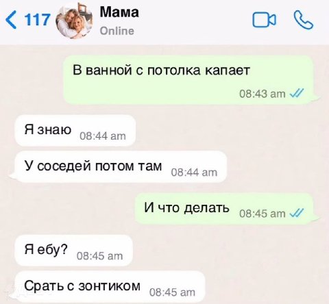 Мама 17 Online В ванной с потолка капает 08:43 Я знаю 08:44 У соседей потом там 08:44 И что делать 08:45 Я ебу? 08:45 Срать С 30HTUKOM 08:45