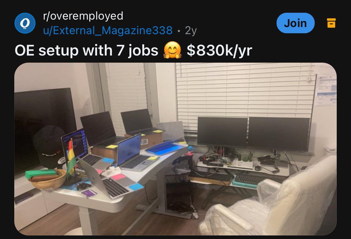 О rjoveremployed setup with 7 jobs $830k/yr