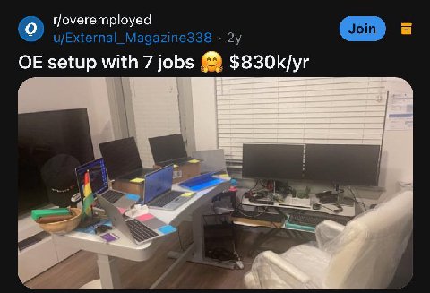 О rjoveremployed setup with 7 jobs $830k/yr