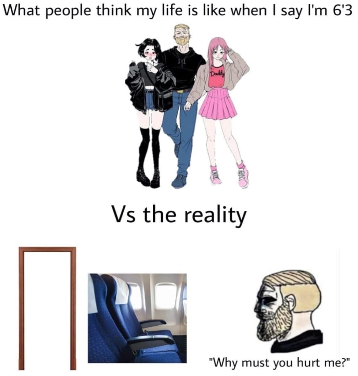 What people think life is like when say 6'3 the reality "Why must you hurt