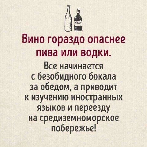 Вино гораздо опаснее пива или водки. Все начинается с безобидного бокала за обедом, а приводит к изучению иностранных языков и переезду на средиземноморское побережье!
