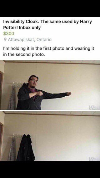 Invisibility Cloak. The same used Harry Potter! Inbox only holding it in the first photo and wearing it in the second photo.