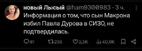новый Лысый Информация о том, что сын Макрона избил Павла Дурова в СИЗО, не подтвердилась.