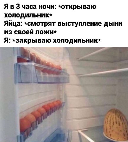 Я в 3 часа ночи: холодильник* Яйца: *CMOTPAT выступление дыни из своей ложи* Я: *закрываю холодильник*