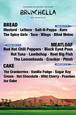 Mustard Lettuce Salt-N-Peppa Korn The Spice Girls Taco Wings Blind Melon MEATLOAF Red Hot Chili Peppers Black Eyed Peas Hot Tuna Lambchop Reel Big Fish The Lemonheads Cracker Phish CAKE The Cranberrie