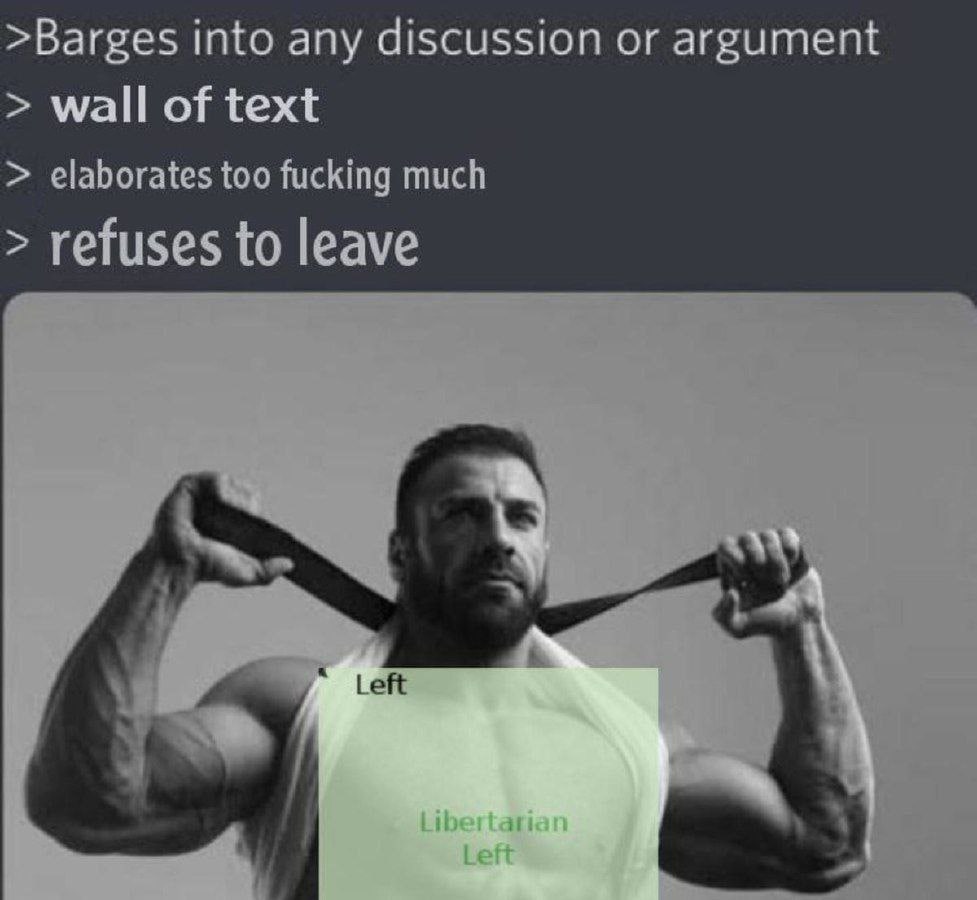 >Barges into any discussion or argument wall of text elaborates too fucking much refuses to leave Left