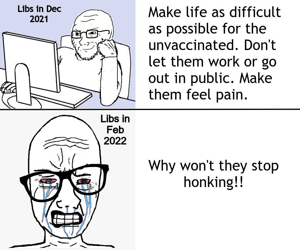 Бес 1 Make life as difficult as possible for the unvaccinated. Don't let them work or out in public. Make them feel pain. Libs in 2022 Why won't they stop honking!!
