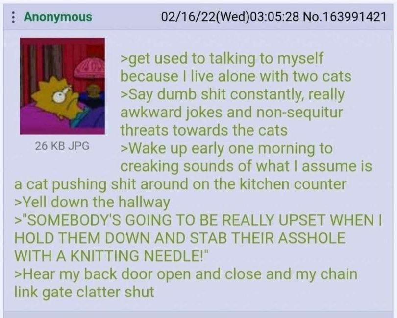 Anonymous 02/16/22(Wed)03:05:28 No.163991421 >get used to talking to myself because live alone with two cats >Say dumb shit constantly, really awkward jokes and non-sequitur threats towards the cats 2