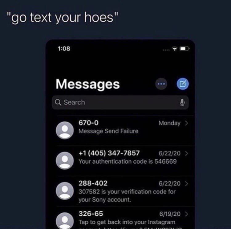 text your hoes" 1:08 Messages Search 670-0 Monday Message Send Failure +1 (405) 347-7857 6/22/20 Your authentication code is 546669 288-402 6/22/20 307582 is your verification code for your Sony accou