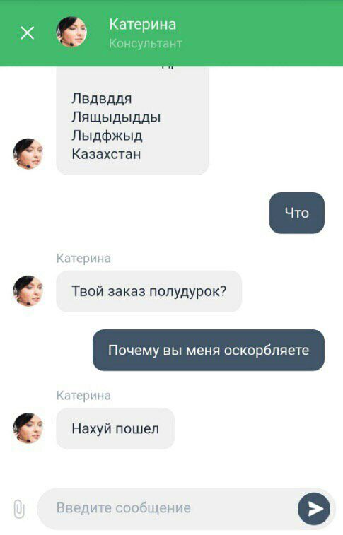 Катерина Консультант Лвдвддя Лящыдыдды Лыдфжыд Казахстан Катерина Твой заказ полудурок? Почему вы меня оскорбляете Катерина Нахуй пошел Введите сообщение