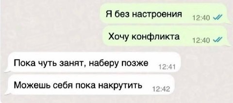 Я без настроения Хочу конфликта 12:40 Пока чуть занят, наберу позже 12:41 Можешь себя пока накрутить