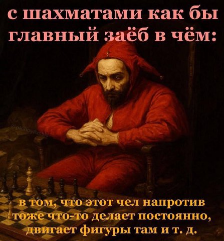 с шахматами как бы главный заёб в чем: 4 в том, что этот чел напротив ‚тоже что-то делает постоянно, двигает фигуры там