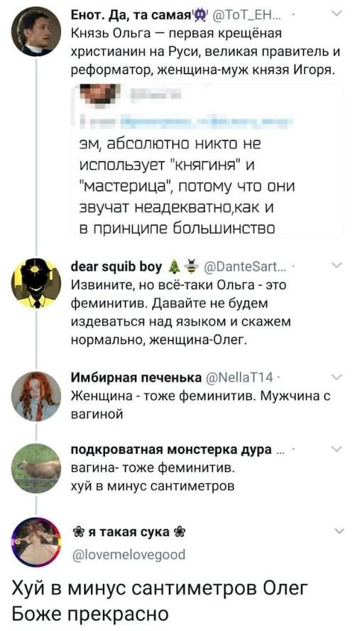 Енот. Да, самая @TOT_EH... Князь Ольга первая крещёная христианин на Руси, великая правитель и реформатор, женщина-муж князя Игоря. абсолютно никто не использует "княгиня" и "мастерица", потому что он