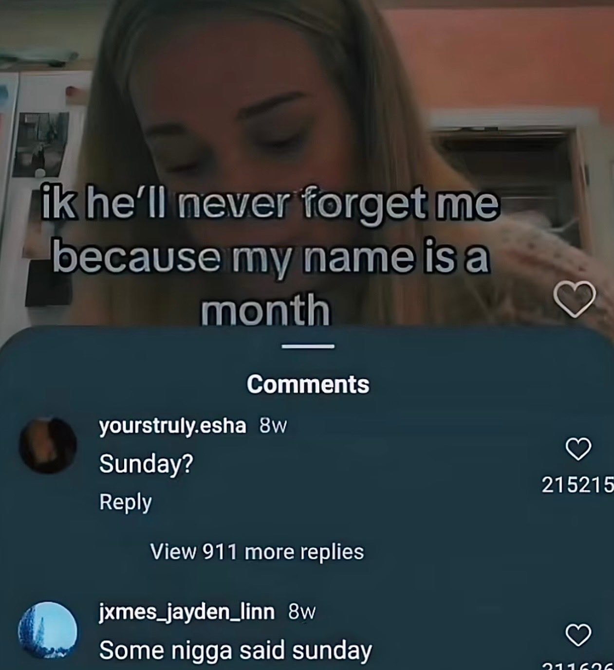 he'll never forget тех "because my nameiisia month Comments yourstruly.esha Sunday? 215215 Reply View 911 more replies jxmes_jayden_linn Some nigga said sunday COL