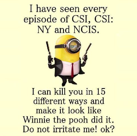 I have seen every episode of CSI, CSI and NCIS. I can kill you in 15 different ways and make it look like Winnie the pooh did it not irritate me!