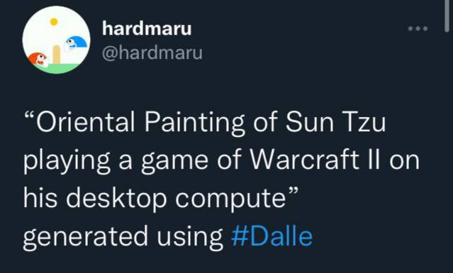hardmaru @hardmaru “Oriental Painting of Sun Tzu playing a game of Warcraft on his desktop compute” generated using #Dalle