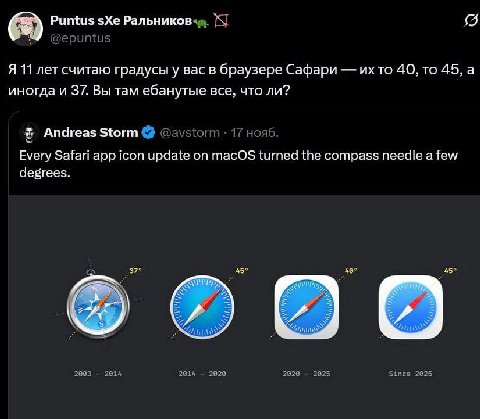Puntus sXe Ральников Я 11 лет считаю градусы у вас в браузере Сафари то 40, то 45, а иногда и 37. Вы там ебанутые все, что ли? bal Andreas Storm Every Safari app icon update on macOS turned the compas