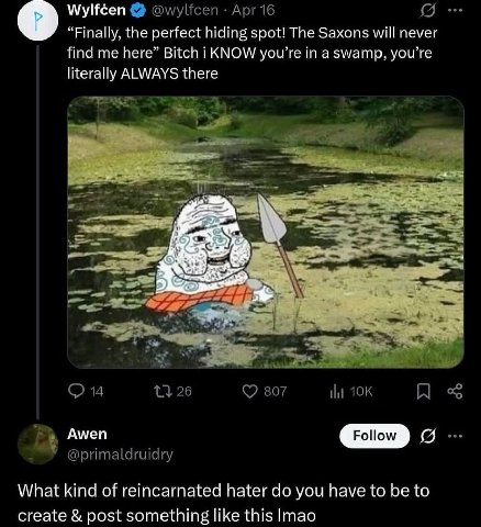 Wylféen “Finally, the perfect hiding spot! The Saxons will never find me here” Bitch i KNOW in a swamp, you’re literally ALWAYS there А я о What kind of reincarnated hater you have to be to create pos