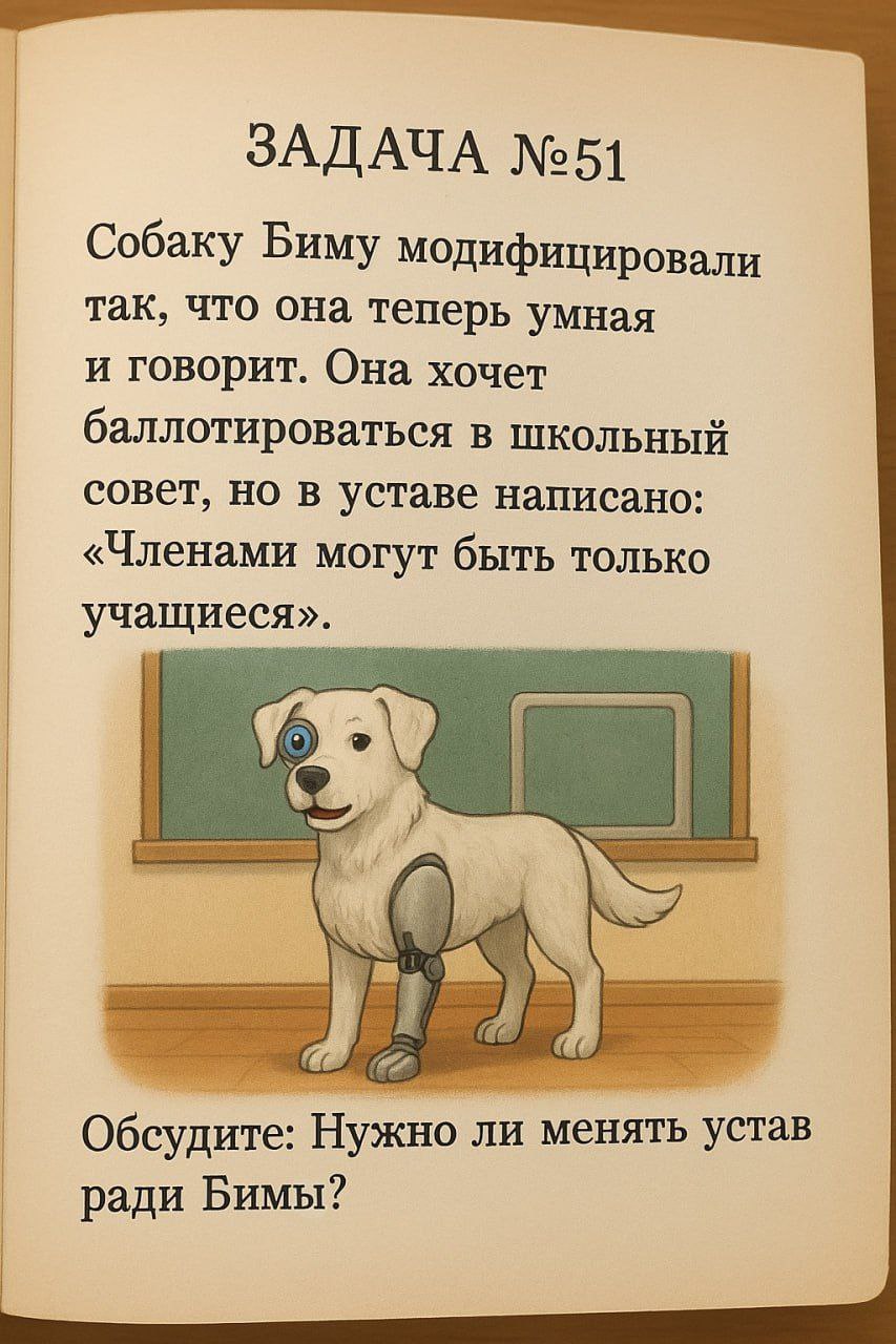 ЗАДАЧА №51 Собаку Биму модифицировали так, что она теперь умная и говорит. Она хочет баллотироваться в школьный совет, но в уставе написано: «Членами могут быть только учащиеся». Обсудите: Нужно ли ме