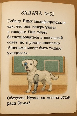ЗАДАЧА №51 Собаку Биму модифицировали так, что она теперь умная и говорит. Она хочет баллотироваться в школьный совет, но в уставе написано: «Членами могут быть только учащиеся». Обсудите: Нужно ли ме