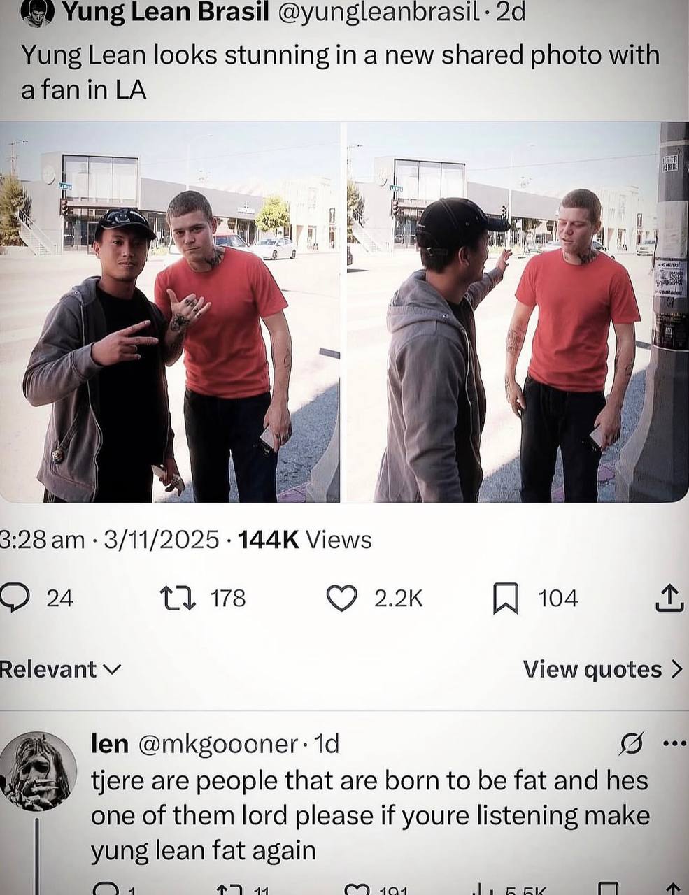 Yung Lean Brasil @yungleanbrasil- Yung Lean looks stunning in a new shared photo with afanin 4 3:28 3/11/2025 Views 24 1} 178 104 Relevant View quotes len @mkgoooner: беге are people that are born to 