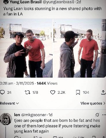 Yung Lean Brasil @yungleanbrasil- Yung Lean looks stunning in a new shared photo with afanin 4 3:28 3/11/2025 Views 24 1} 178 104 Relevant View quotes len @mkgoooner: беге are people that are born to 