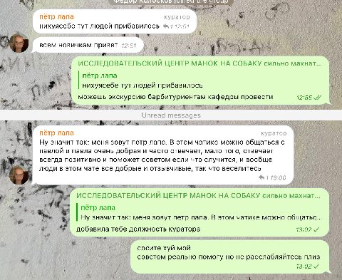 лапа куратор НИХуясебе тут людей прибавилось 1 всем новичкам привет 12:57 ИССЛЕДОВАТЕЛЬСКИИ ЦЕНТР MAHOK НА СОБАКУ сильно махнат... нихуясебе тут людей прибавилось можешь экскурсию барбитуриентам кафед