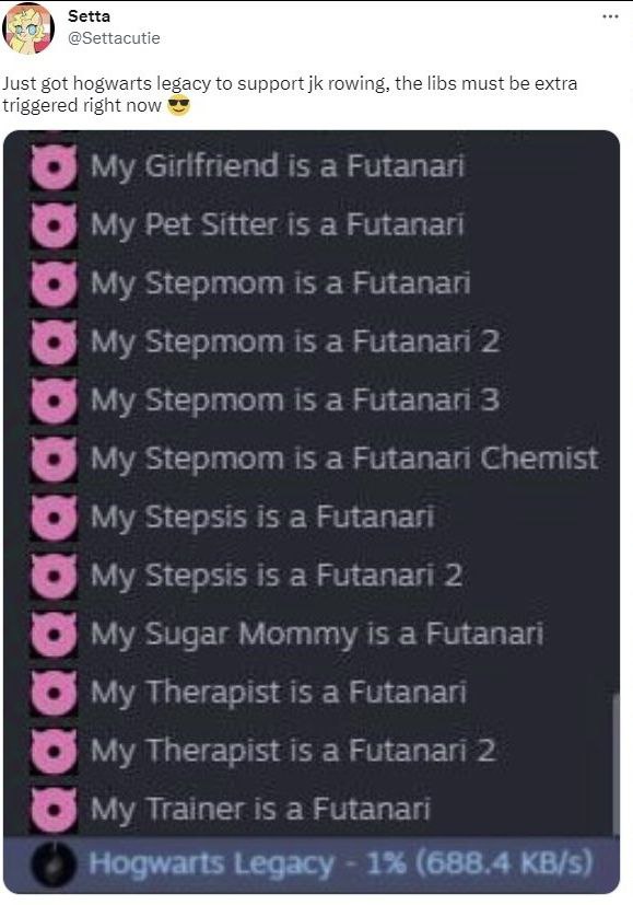Зена @Settacutie Just got hogwarts legacy to support rowing, the libs must be extra triggered right now is а Dot Cittor a Stepmom is a Futana is a 2 MY а 3 а 9) Stepsis is a Stepsis is a Futanari 2 ul