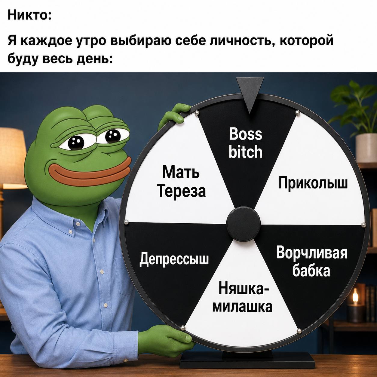 Никто: Я каждое утро выбираю себе личность, которой буду весь день: 5] Boss bitch Мать Тереза Ворчливая Депрессыш бабка Няшка- милашка