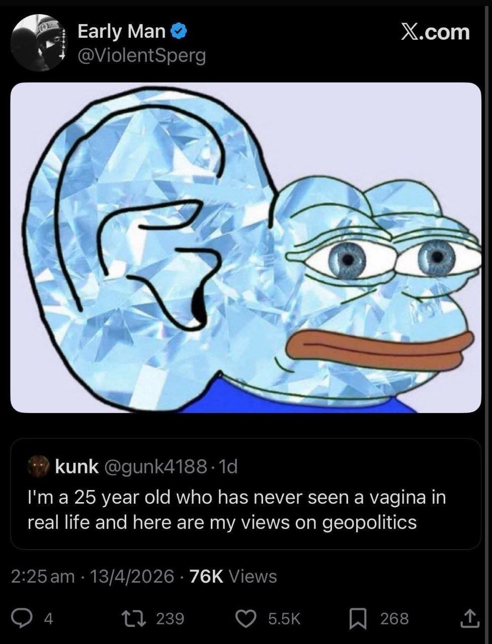 Early Man X.com @ViolentSperg kunk @gunk4188 a 25 year old who has never seen a vagina in real life and here are my views on geopolitics 13/4/2026 Views 239 268