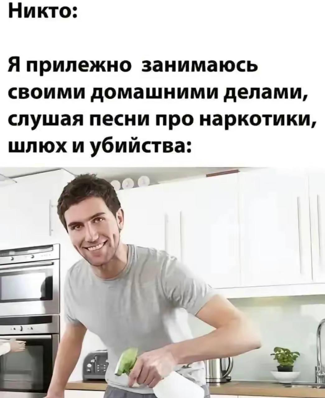 Никто: Я прилежно занимаюсь своими домашними делами, слушая песни про наркотики, шлюх и убийства: